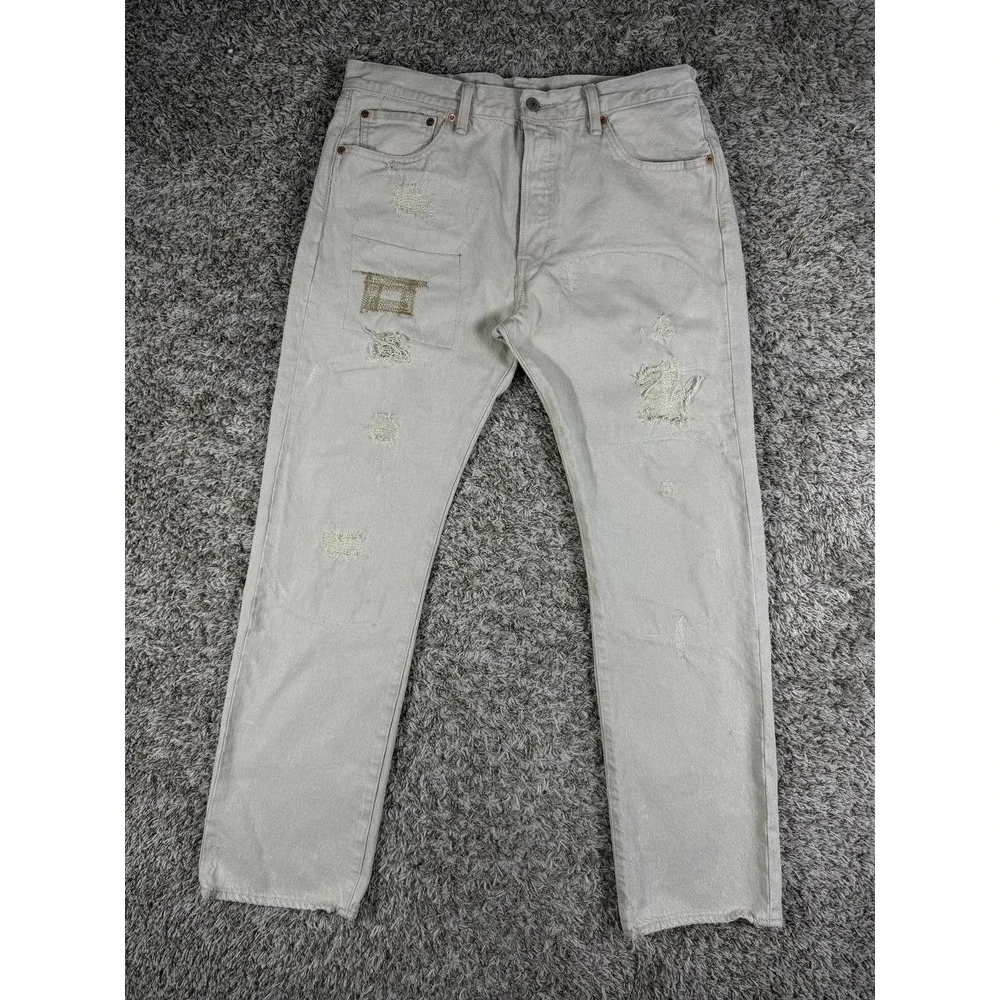 Levi's 501 Distressed Patchwork Denim Light Gray Jeans Men's Size 34x32